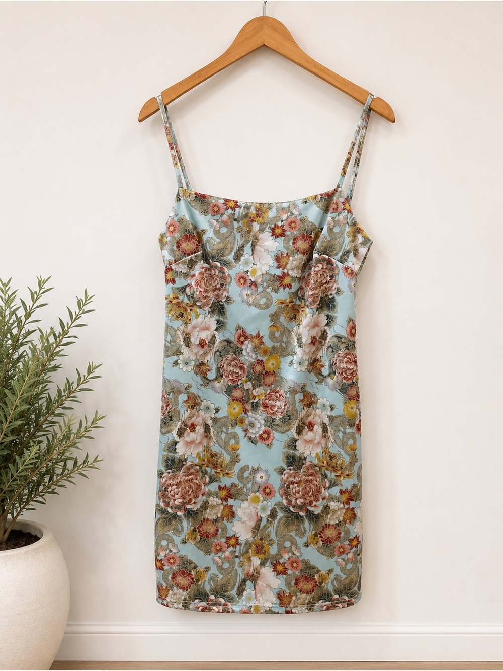 Urban Outfitters Floral Satin Slip Dress in Light Blue and Pink